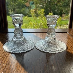 Vintage Pair Duncan Miller Sandwich Glass Candlesticks